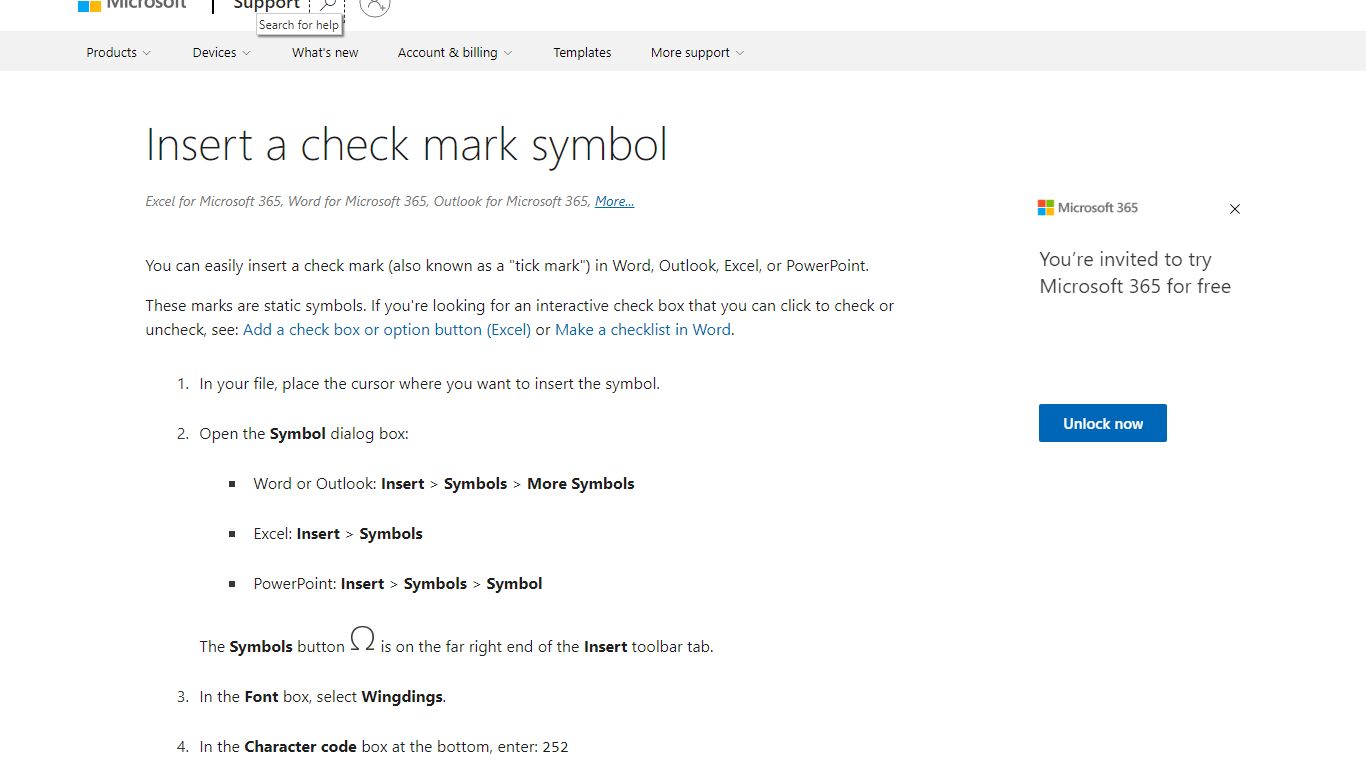 Insert a check mark symbol - support.microsoft.com